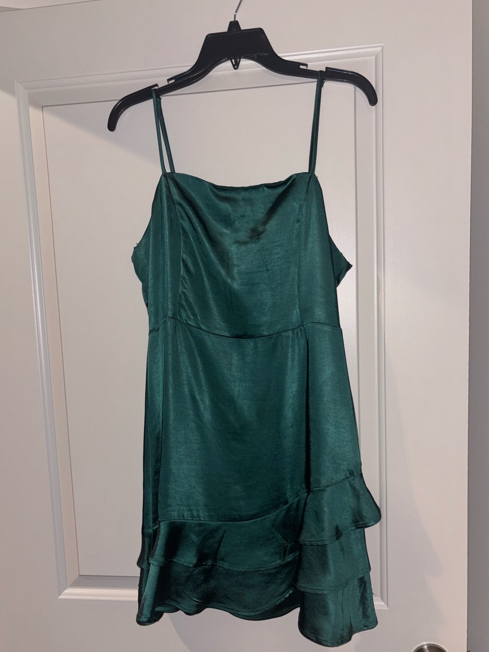 Lulu's Emerald Satin Slip Dress with Ruffle Tier